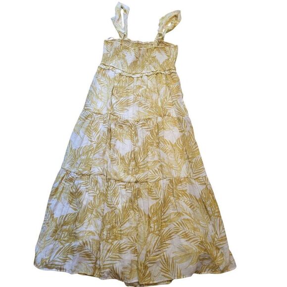 Nanette Lepore Dress Women's 14 Gold Maxi Palm Leaf Tiered Smocked Ruffle Strap - Picture 4 of 5